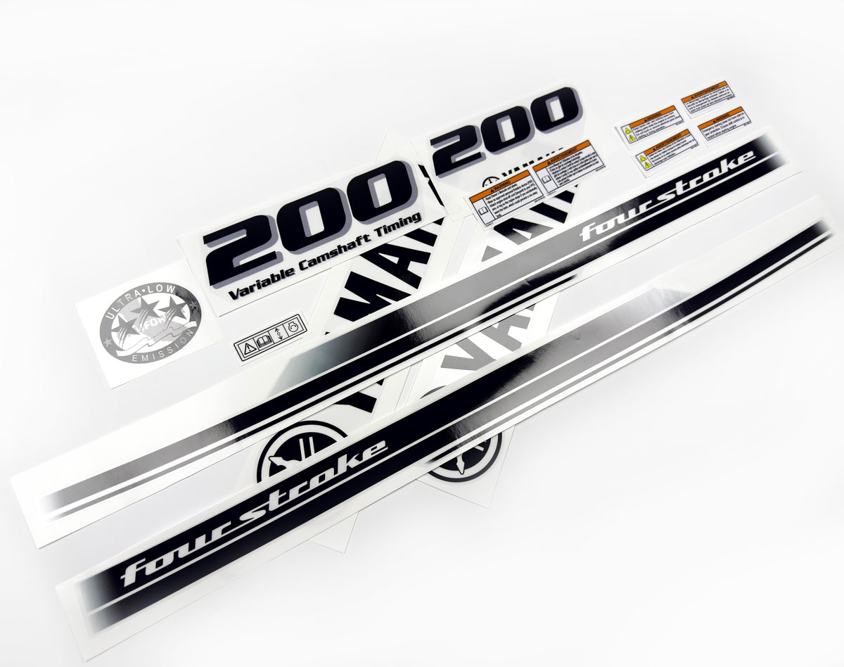 Vinyl black with clear film decals set suitable for Yamaha 200 hp four stroke outboard engine for white cover. Vinyl stickers kit for Yamaha 200 hp four stroke Handmade