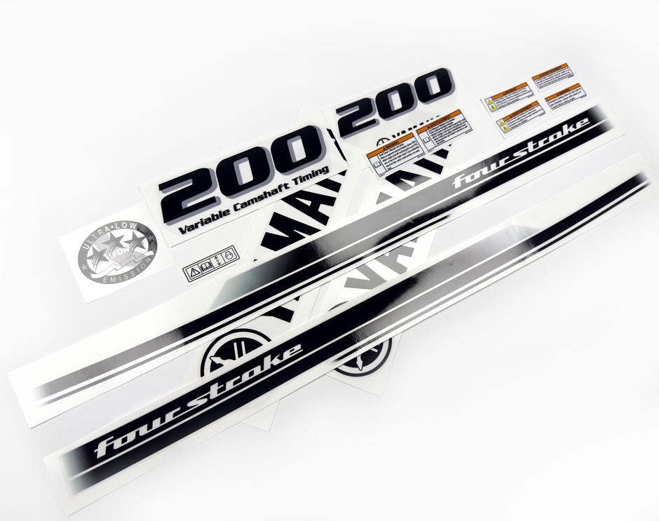 Vinyl black with clear film decals set suitable for Yamaha 200 hp four stroke outboard engine for white cover. Vinyl stickers kit for Yamaha 200 hp four stroke Handmade