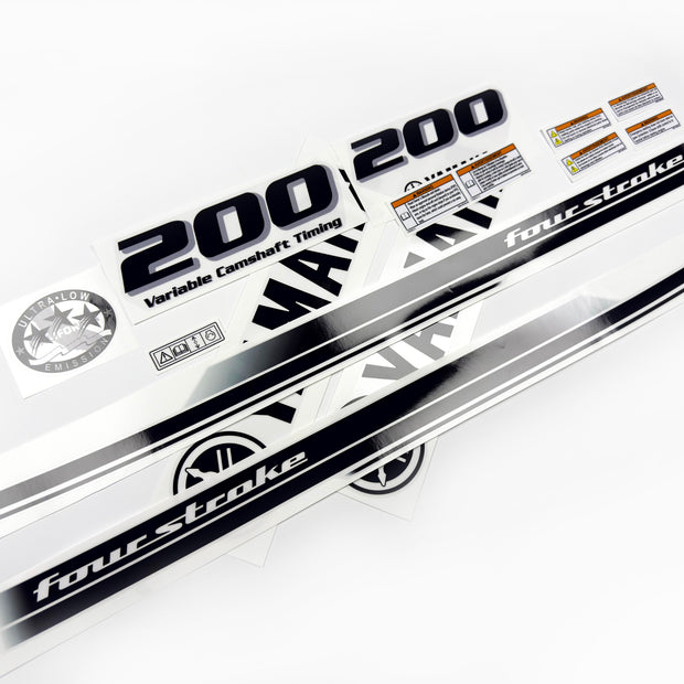 Vinyl black with clear film decals set suitable for Yamaha 200 hp four stroke outboard engine for white cover. Vinyl stickers kit for Yamaha 200 hp four stroke Handmade