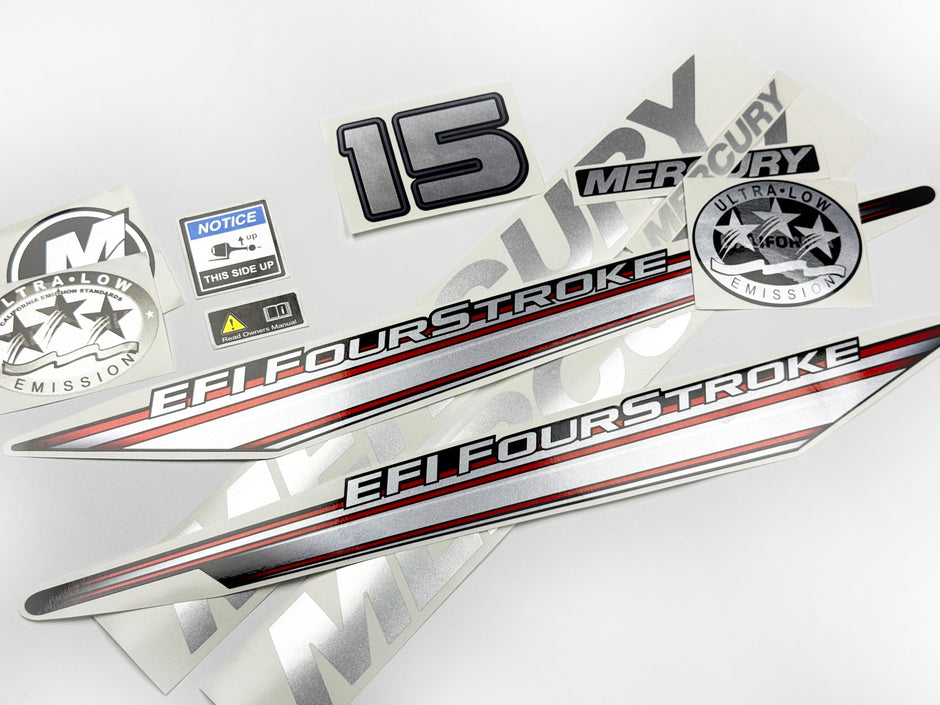 Vinyl graphic silver shimmer decals set suitable for Mercury 15 hp four stroke EFI outboard engine. Vinyl silver shimmer stickers kit for Mercury 15 hp four stroke Handmade