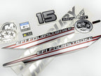 Vinyl graphic silver shimmer decals set suitable for Mercury 15 hp four stroke EFI outboard engine. Vinyl silver shimmer stickers kit for Mercury 15 hp four stroke Handmade