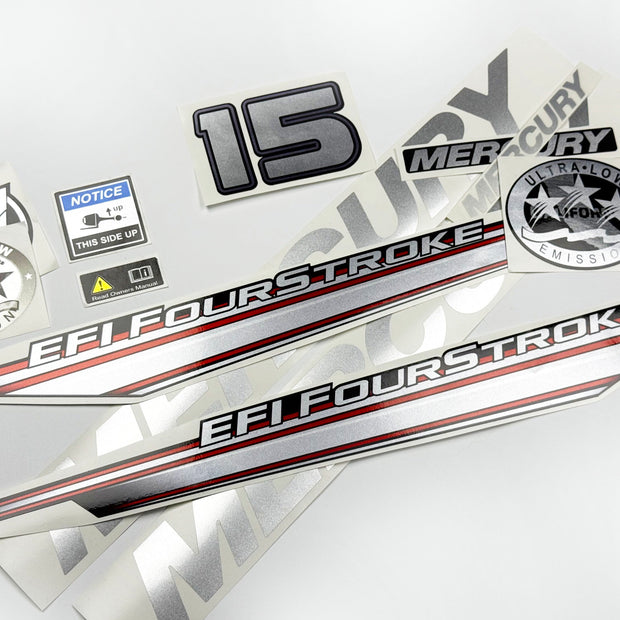Vinyl graphic silver shimmer decals set suitable for Mercury 15 hp four stroke EFI outboard engine. Vinyl silver shimmer stickers kit for Mercury 15 hp four stroke Handmade