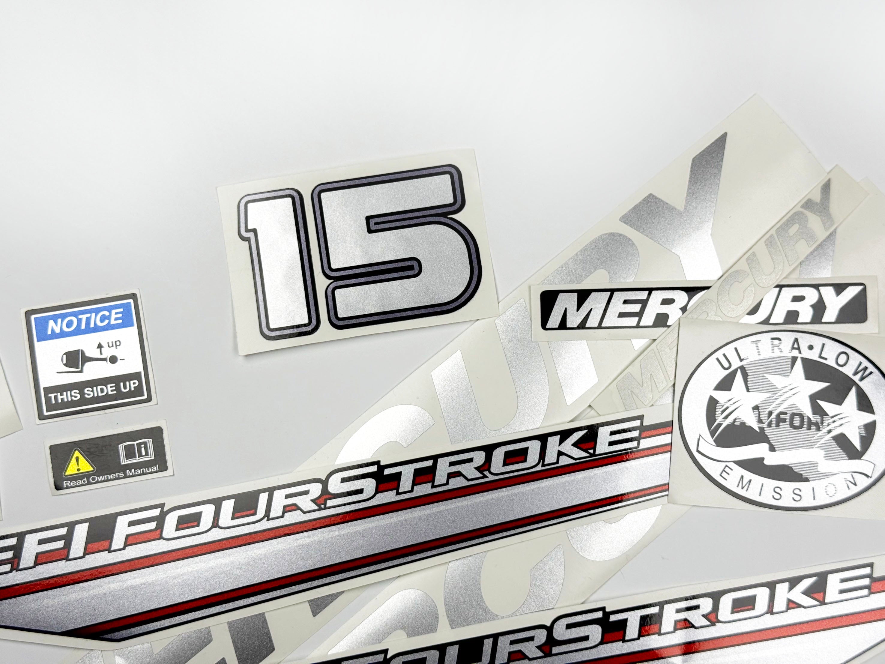 Vinyl graphic silver shimmer decals set suitable for Mercury 15 hp four stroke EFI outboard engine. Vinyl silver shimmer stickers kit for Mercury 15 hp four stroke Handmade