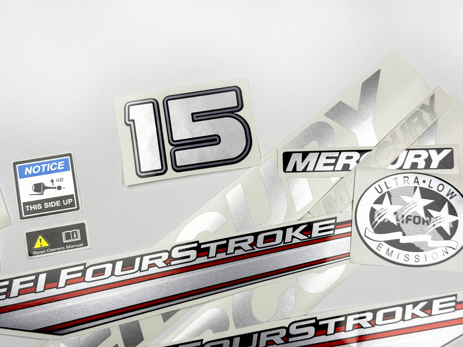 Vinyl graphic silver shimmer decals set suitable for Mercury 15 hp four stroke EFI outboard engine. Vinyl silver shimmer stickers kit for Mercury 15 hp four stroke Handmade