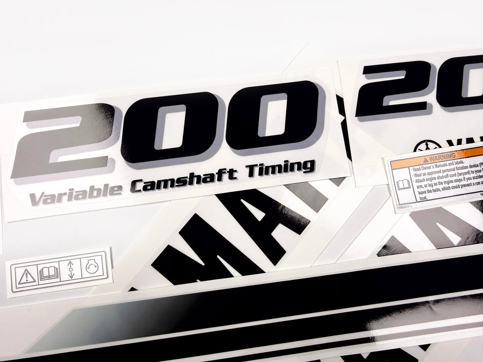 Vinyl black with clear film decals set suitable for Yamaha 200 hp four stroke outboard engine for white cover. Vinyl stickers kit for Yamaha 200 hp four stroke Handmade