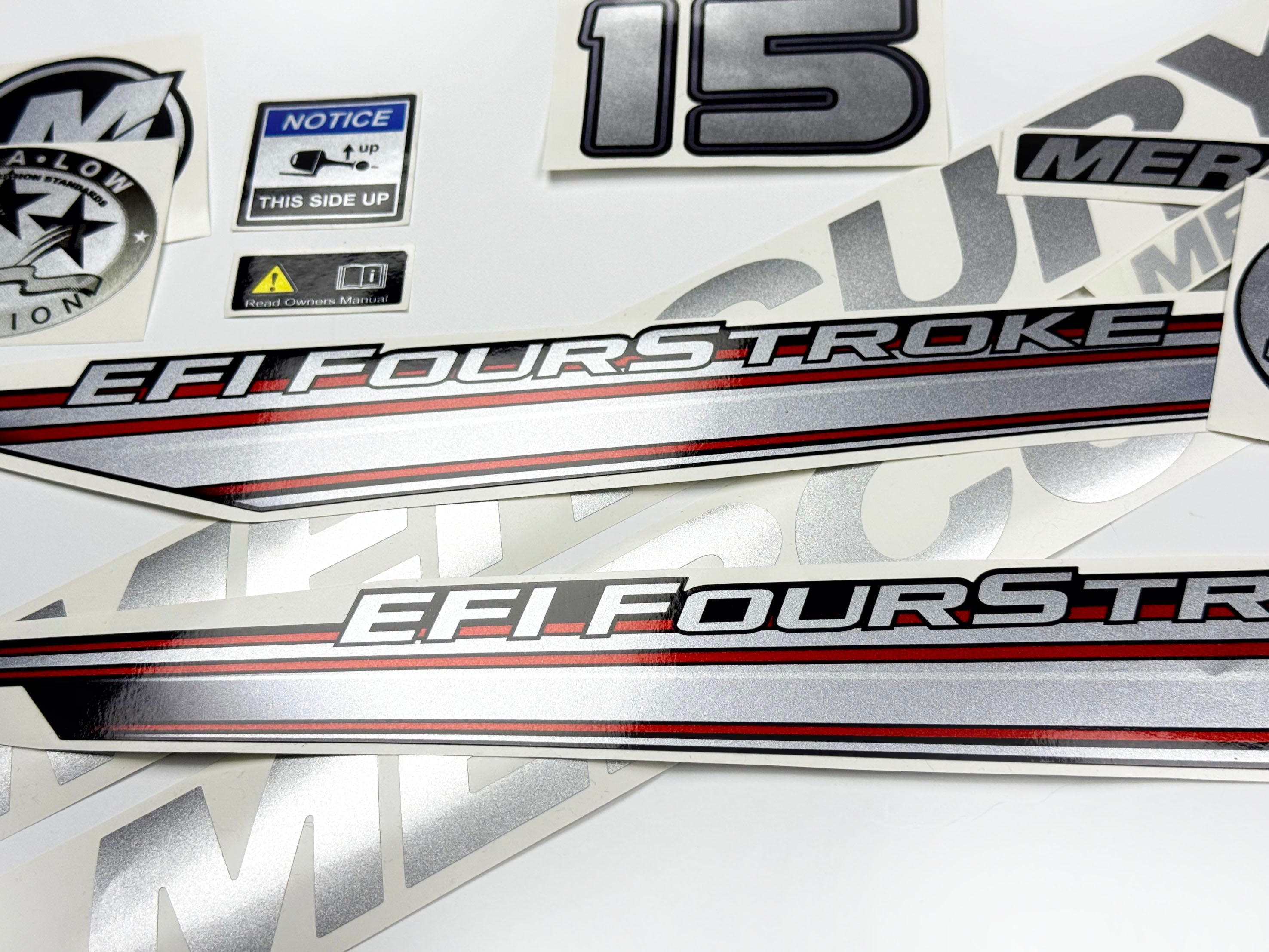 Vinyl graphic silver shimmer decals set suitable for Mercury 15 hp four stroke EFI outboard engine. Vinyl silver shimmer stickers kit for Mercury 15 hp four stroke Handmade