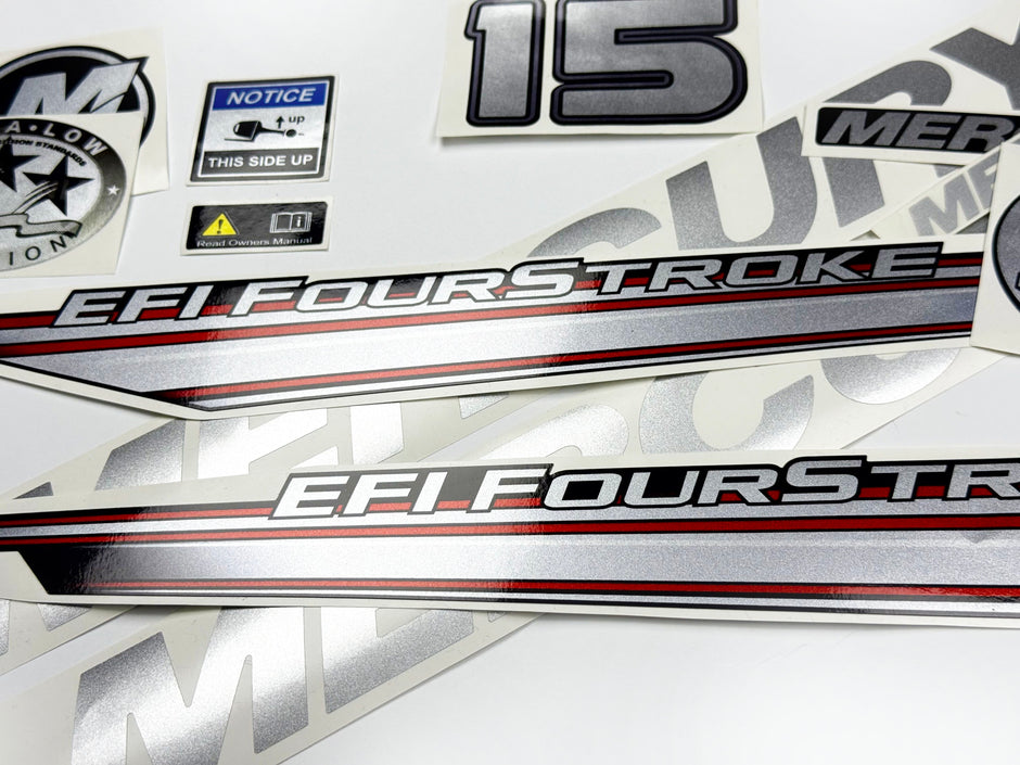 Vinyl graphic silver shimmer decals set suitable for Mercury 15 hp four stroke EFI outboard engine. Vinyl silver shimmer stickers kit for Mercury 15 hp four stroke Handmade