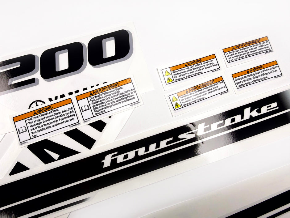 Vinyl black with clear film decals set suitable for Yamaha 200 hp four stroke outboard engine for white cover. Vinyl stickers kit for Yamaha 200 hp four stroke Handmade