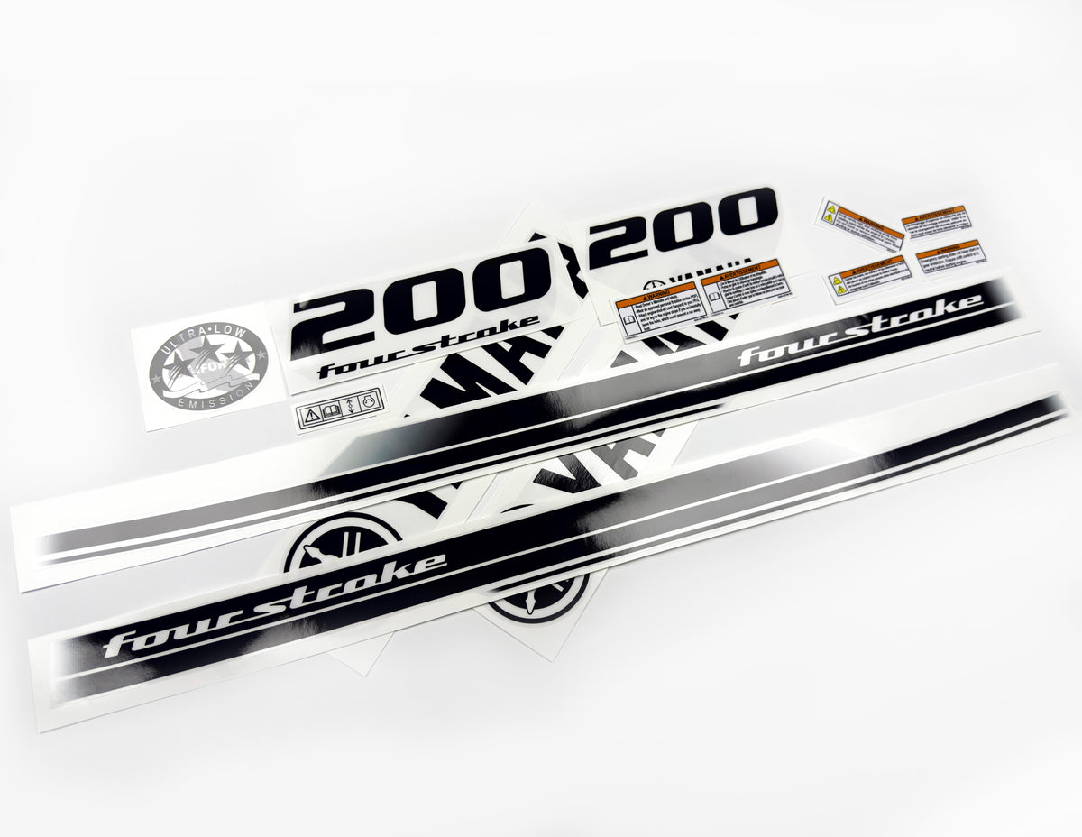 Vinyl black with clear film decals set suitable for Yamaha 200 hp four stroke outboard engine for white cover. Vinyl stickers kit for Yamaha 200 hp four stroke Handmade