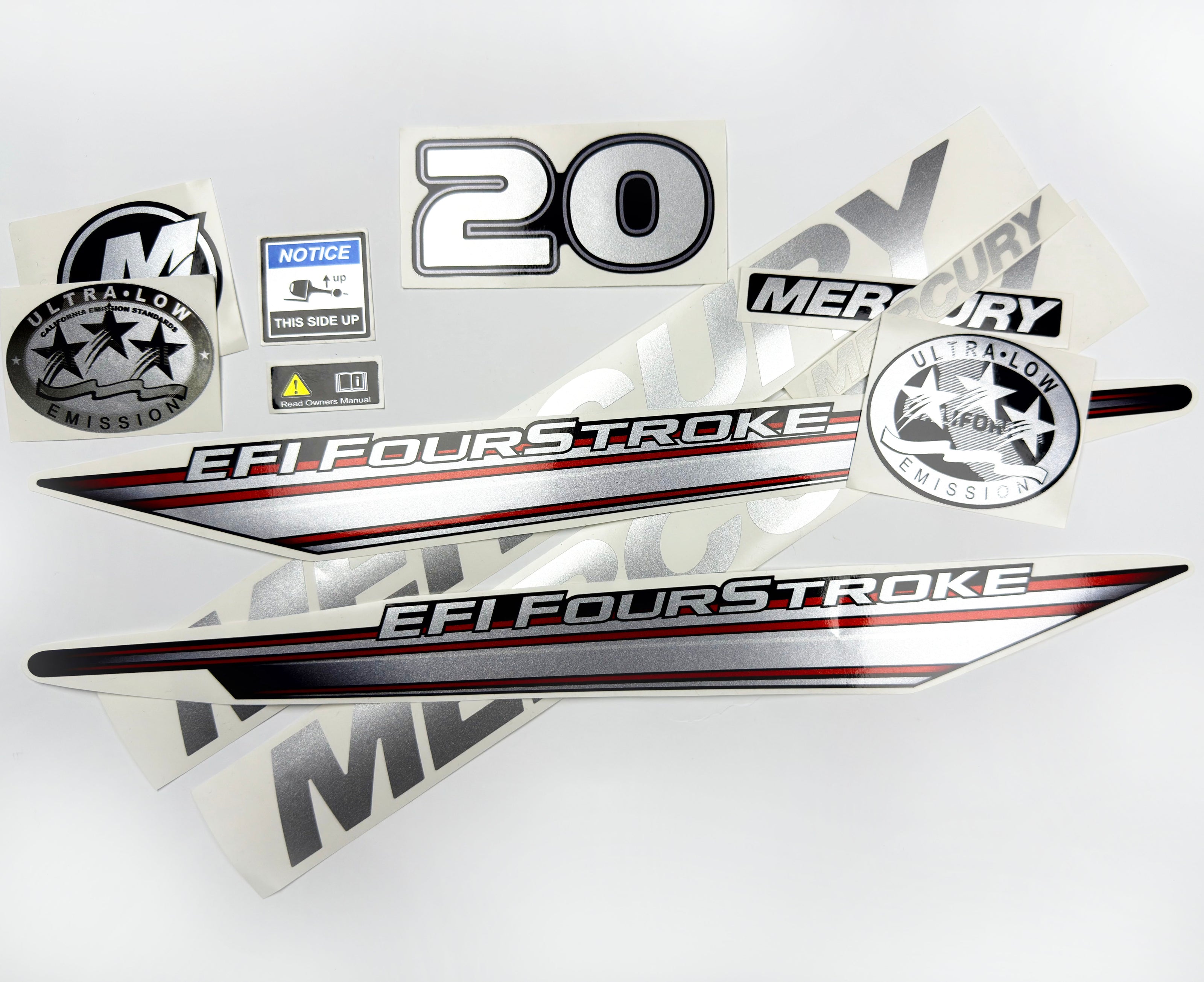 Vinyl graphic silver shimmer decals set suitable for Mercury 20 hp four stroke EFI outboard engine. Vinyl silver shimmer stickers kit for Mercury 20 hp four stroke Handmade