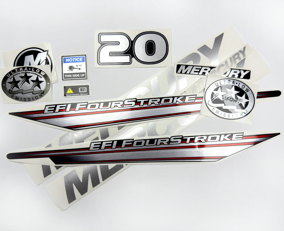 Vinyl graphic silver shimmer decals set suitable for Mercury 20 hp four stroke EFI outboard engine. Vinyl silver shimmer stickers kit for Mercury 20 hp four stroke Handmade
