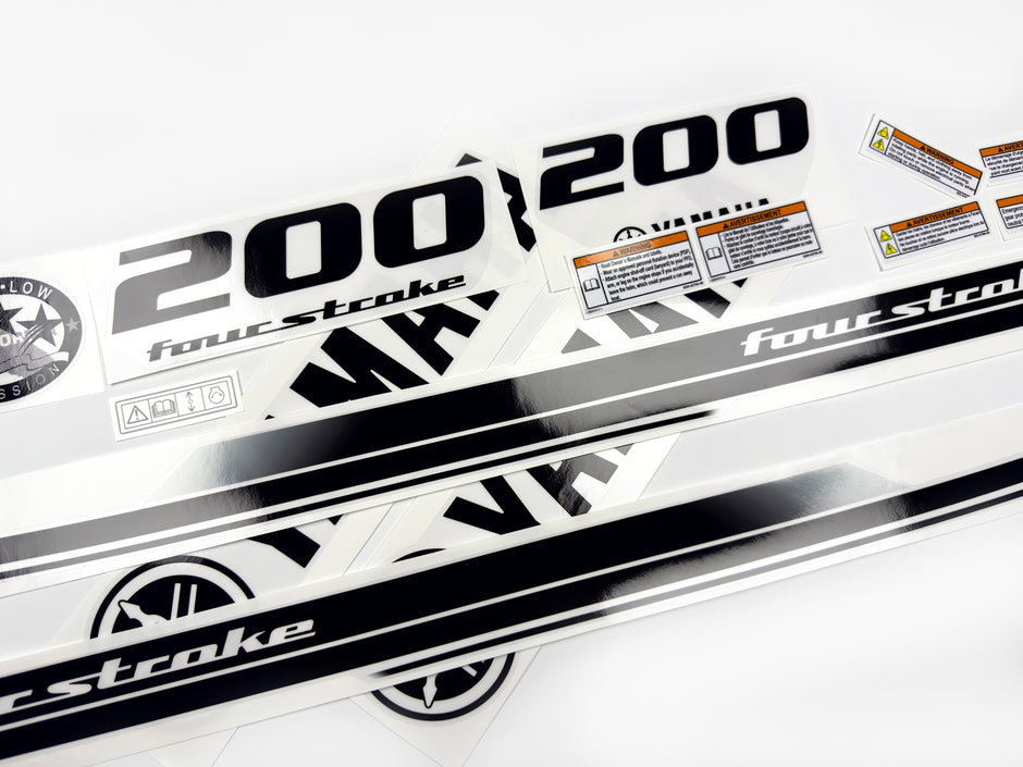 Vinyl black with clear film decals set suitable for Yamaha 200 hp four stroke outboard engine for white cover. Vinyl stickers kit for Yamaha 200 hp four stroke Handmade
