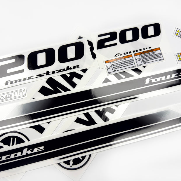 Vinyl black with clear film decals set suitable for Yamaha 200 hp four stroke outboard engine for white cover. Vinyl stickers kit for Yamaha 200 hp four stroke Handmade