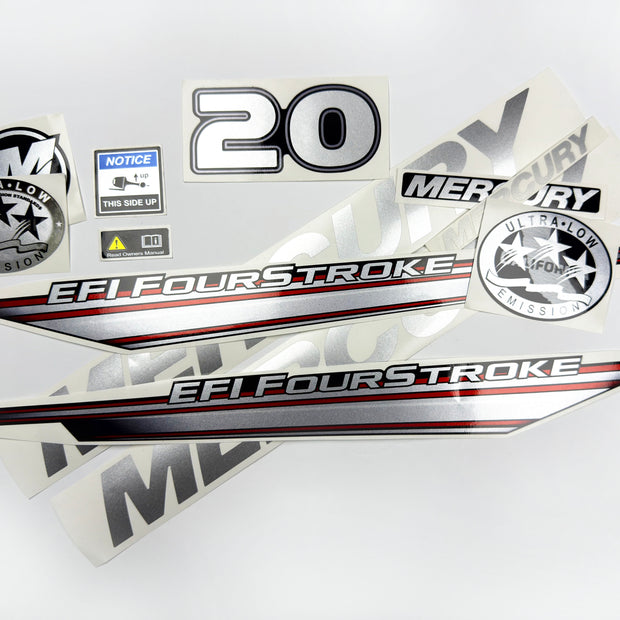 Vinyl graphic silver shimmer decals set suitable for Mercury 20 hp four stroke EFI outboard engine. Vinyl silver shimmer stickers kit for Mercury 20 hp four stroke Handmade