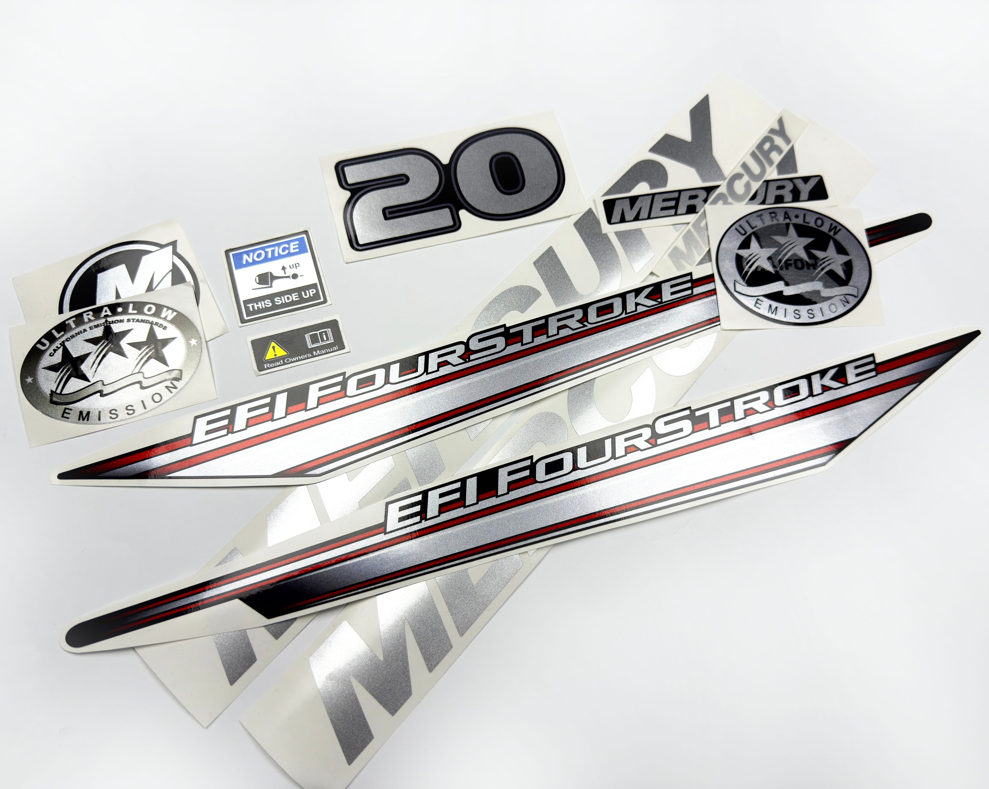 Vinyl graphic silver shimmer decals set suitable for Mercury 20 hp four stroke EFI outboard engine. Vinyl silver shimmer stickers kit for Mercury 20 hp four stroke Handmade