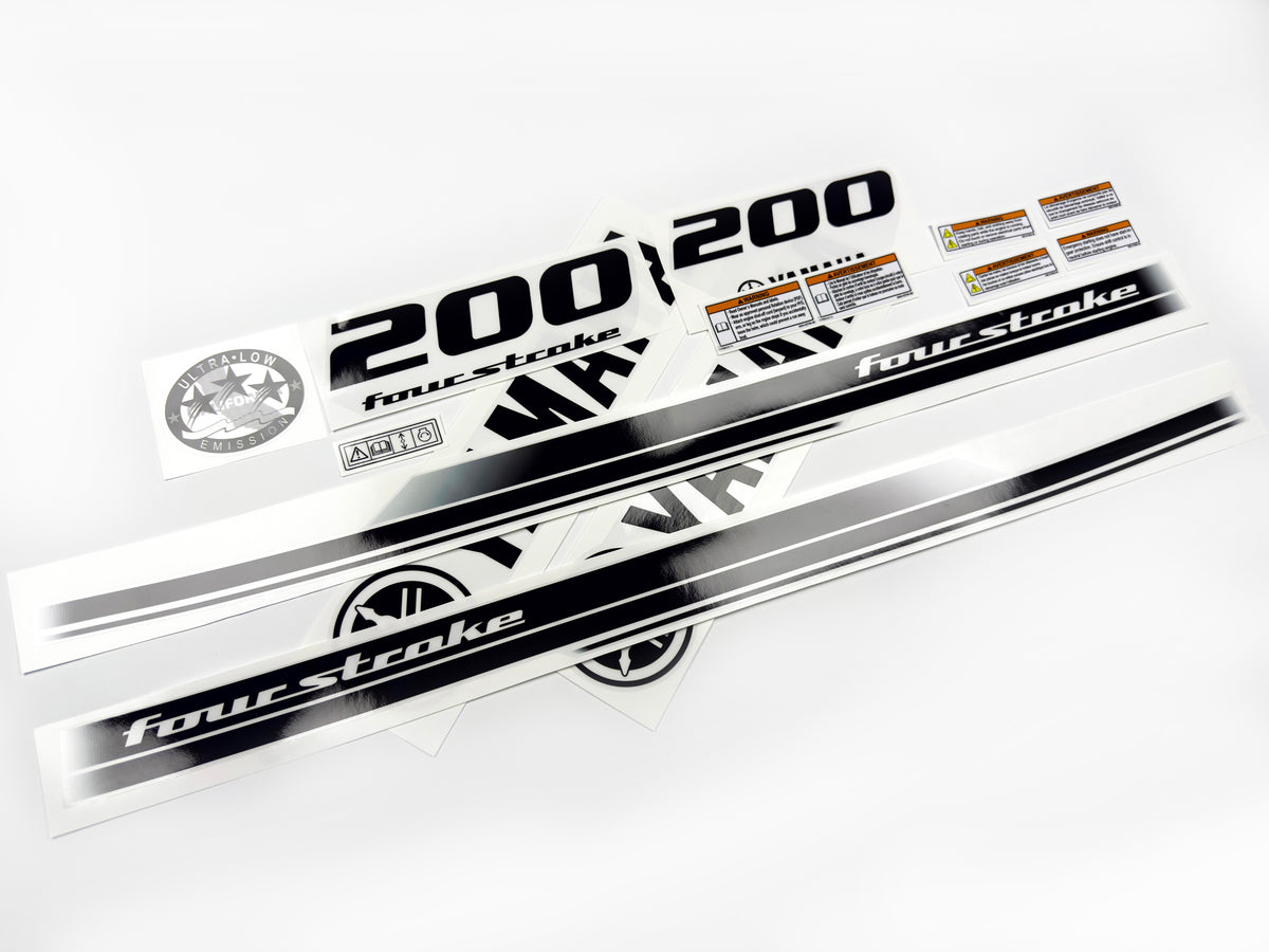 Vinyl black with clear film decals set suitable for Yamaha 200 hp four stroke outboard engine for white cover. Vinyl stickers kit for Yamaha 200 hp four stroke Handmade
