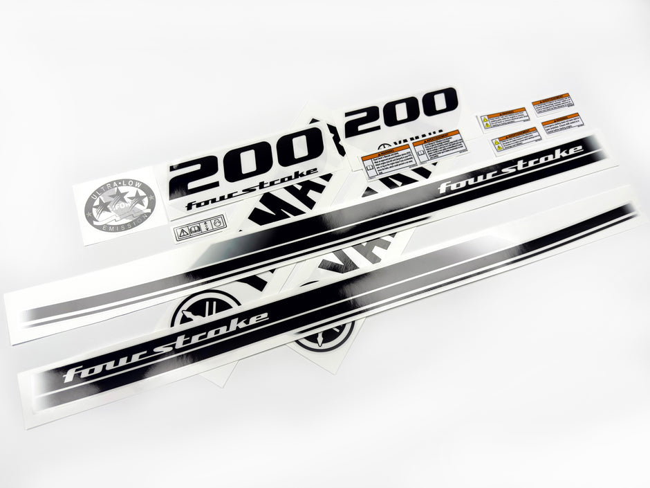 Vinyl black with clear film decals set suitable for Yamaha 200 hp four stroke outboard engine for white cover. Vinyl stickers kit for Yamaha 200 hp four stroke Handmade