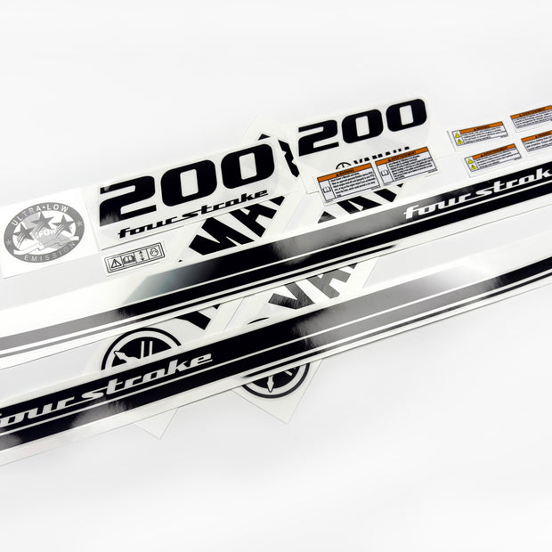 Vinyl black with clear film decals set suitable for Yamaha 200 hp four stroke outboard engine for white cover. Vinyl stickers kit for Yamaha 200 hp four stroke Handmade