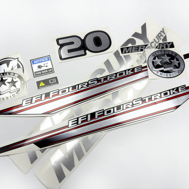 Vinyl graphic silver shimmer decals set suitable for Mercury 20 hp four stroke EFI outboard engine. Vinyl silver shimmer stickers kit for Mercury 20 hp four stroke Handmade