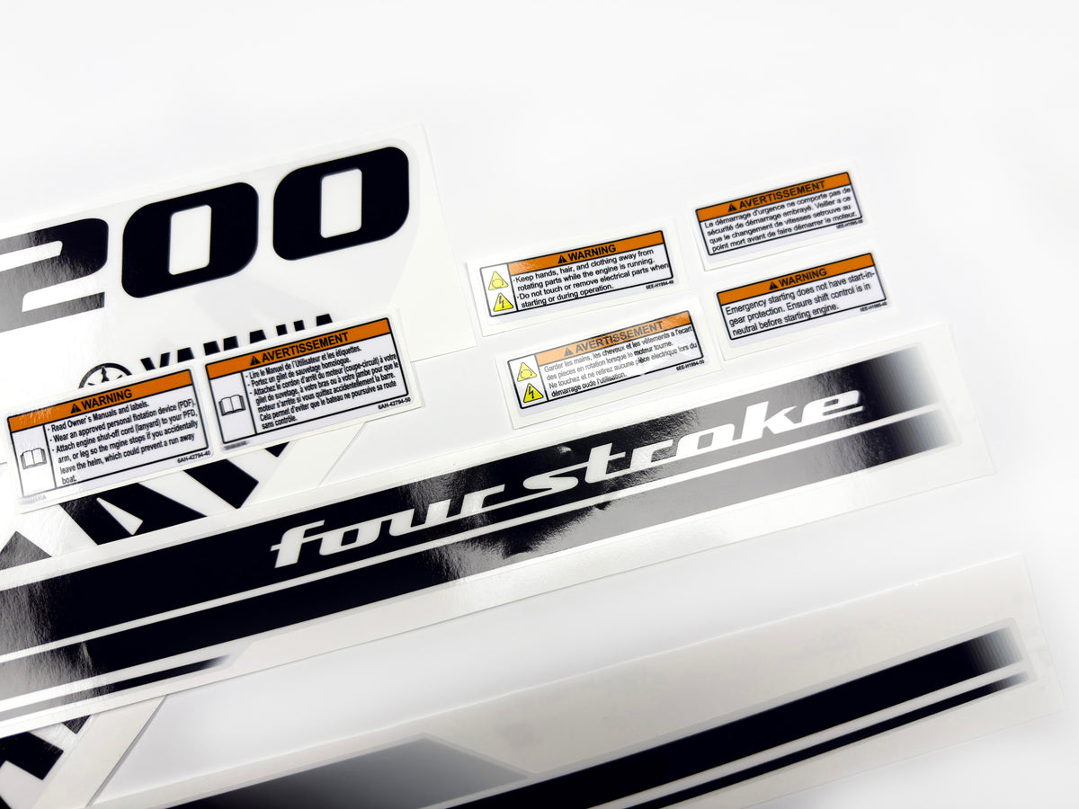 Vinyl black with clear film decals set suitable for Yamaha 200 hp four stroke outboard engine for white cover. Vinyl stickers kit for Yamaha 200 hp four stroke Handmade