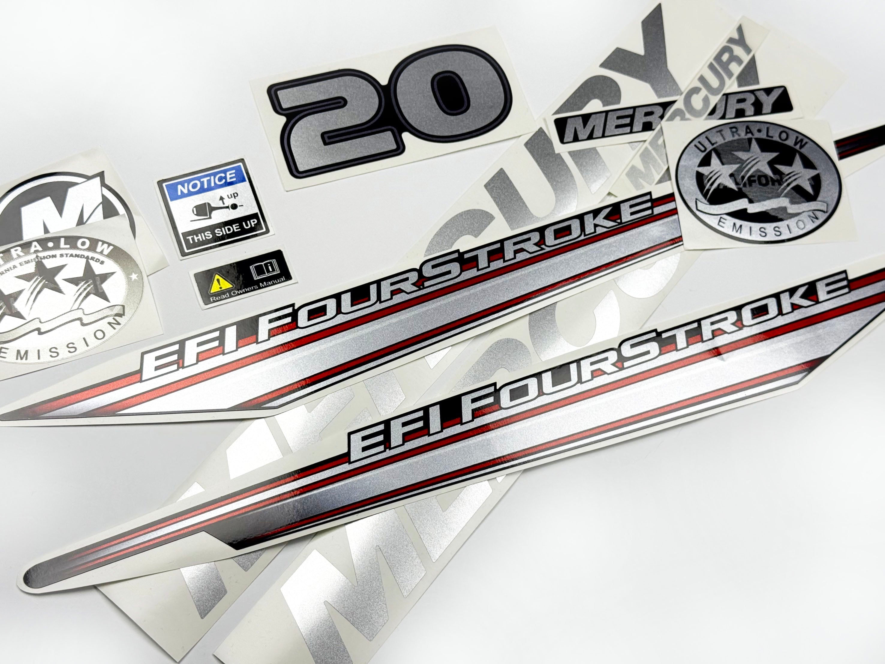 Vinyl graphic silver shimmer decals set suitable for Mercury 20 hp four stroke EFI outboard engine. Vinyl silver shimmer stickers kit for Mercury 20 hp four stroke Handmade
