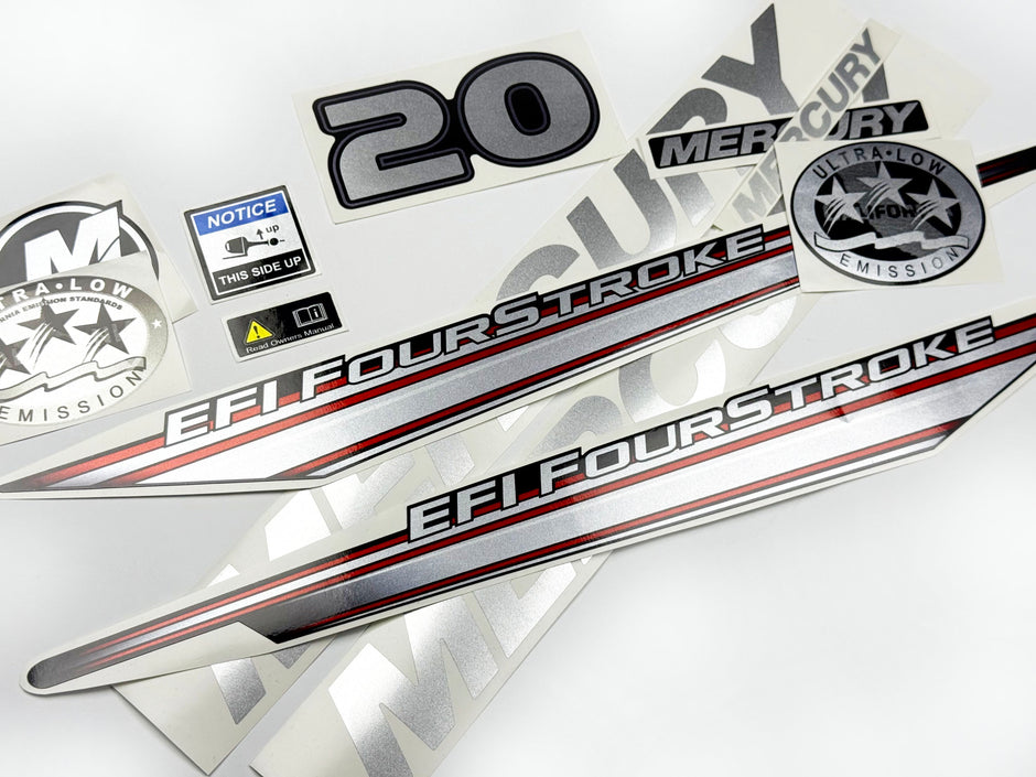 Vinyl graphic silver shimmer decals set suitable for Mercury 20 hp four stroke EFI outboard engine. Vinyl silver shimmer stickers kit for Mercury 20 hp four stroke Handmade