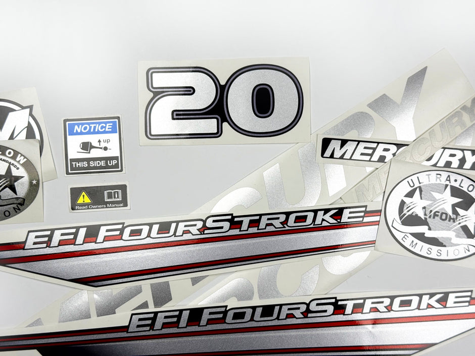 Vinyl graphic silver shimmer decals set suitable for Mercury 20 hp four stroke EFI outboard engine. Vinyl silver shimmer stickers kit for Mercury 20 hp four stroke Handmade