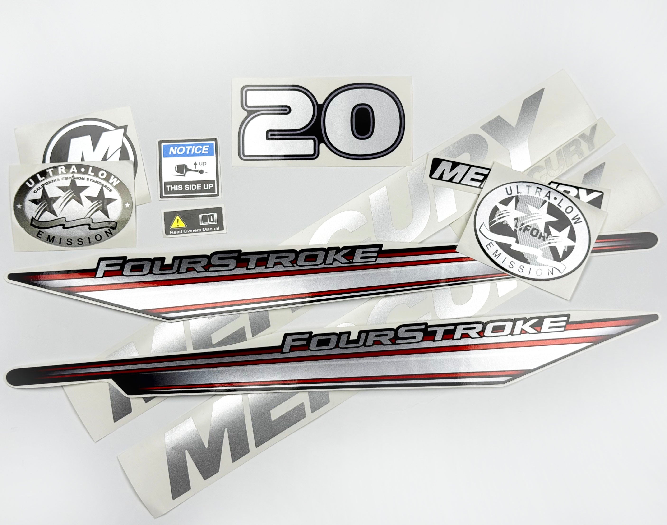 Vinyl graphic silver shimmer decals set suitable for Mercury 20 hp four stroke outboard engine. Vinyl silver shimmer stickers kit for Mercury 20 hp four stroke Handmade