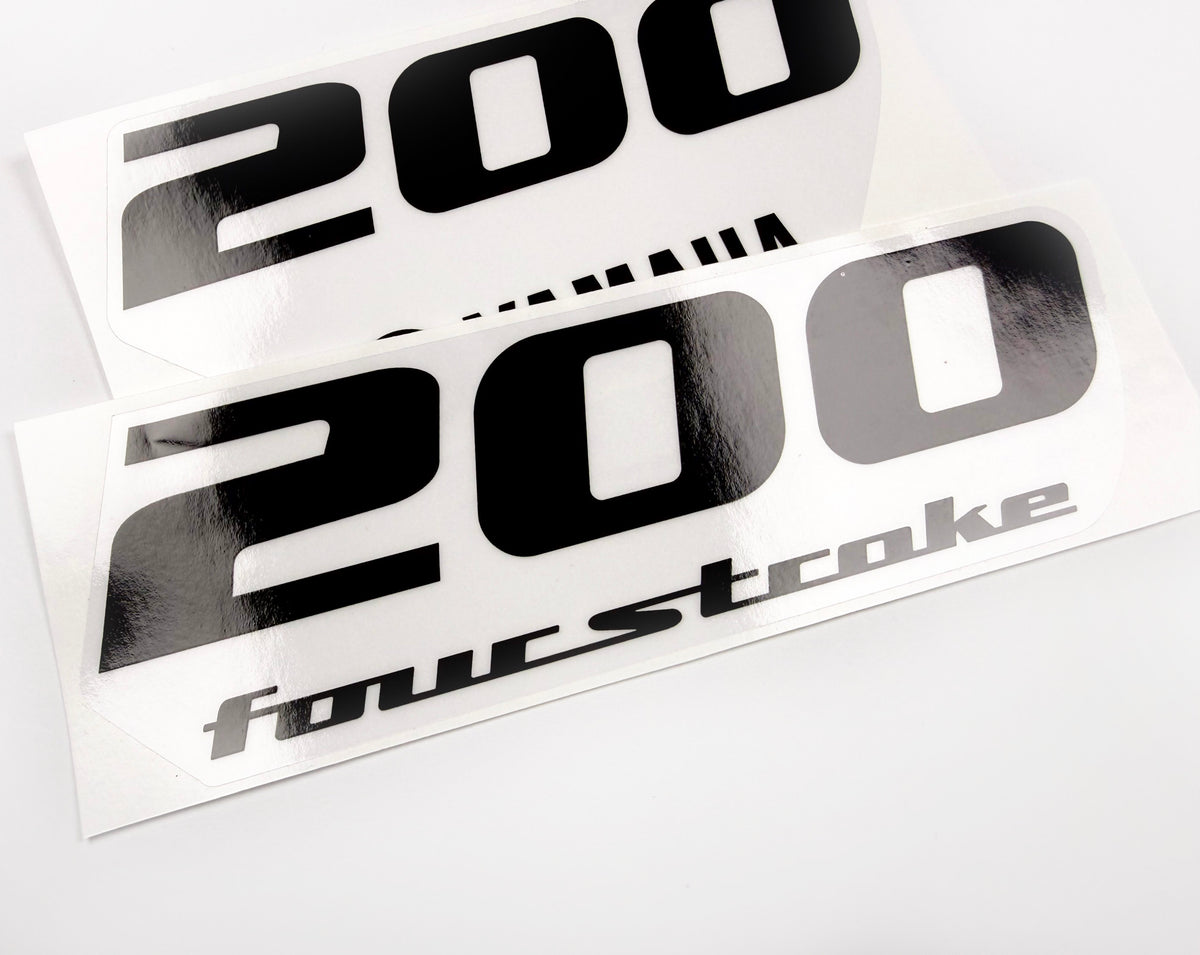 Vinyl black with clear film decals set suitable for Yamaha 200 hp four stroke outboard engine for white cover. Vinyl stickers kit for Yamaha 200 hp four stroke Handmade