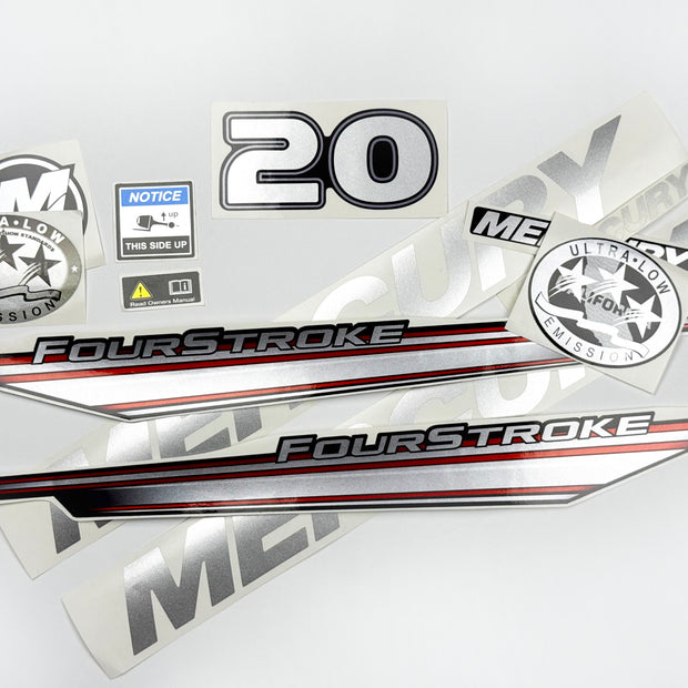 Vinyl graphic silver shimmer decals set suitable for Mercury 20 hp four stroke outboard engine. Vinyl silver shimmer stickers kit for Mercury 20 hp four stroke Handmade