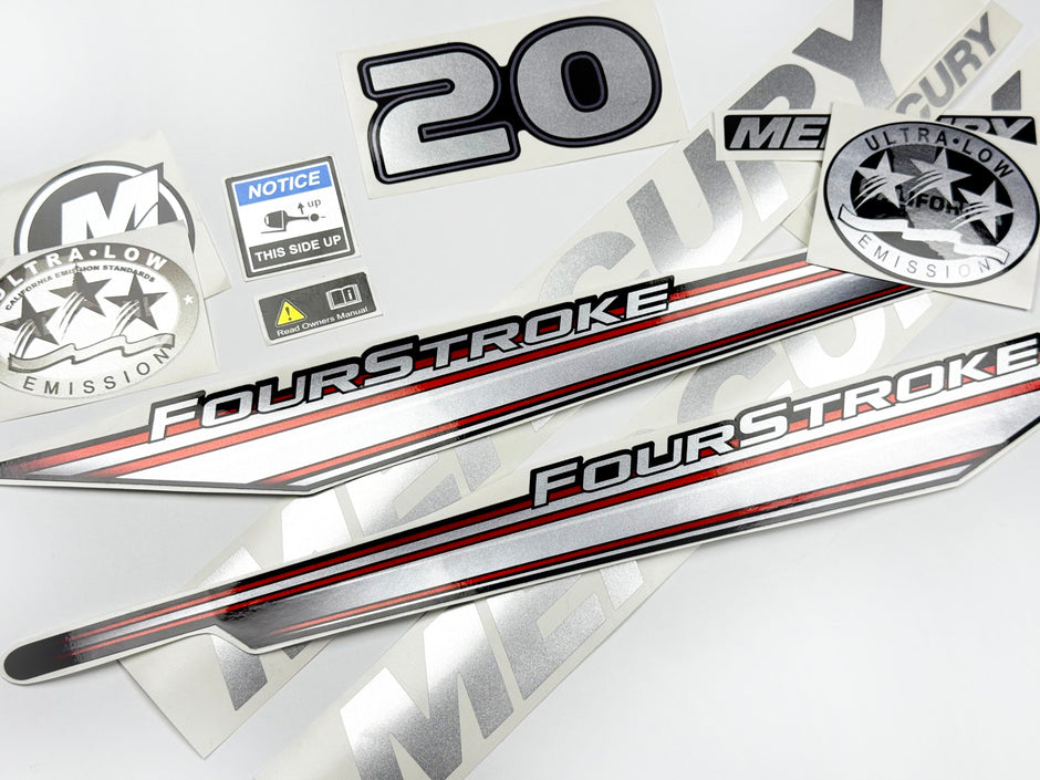 Vinyl graphic silver shimmer decals set suitable for Mercury 20 hp four stroke outboard engine. Vinyl silver shimmer stickers kit for Mercury 20 hp four stroke Handmade