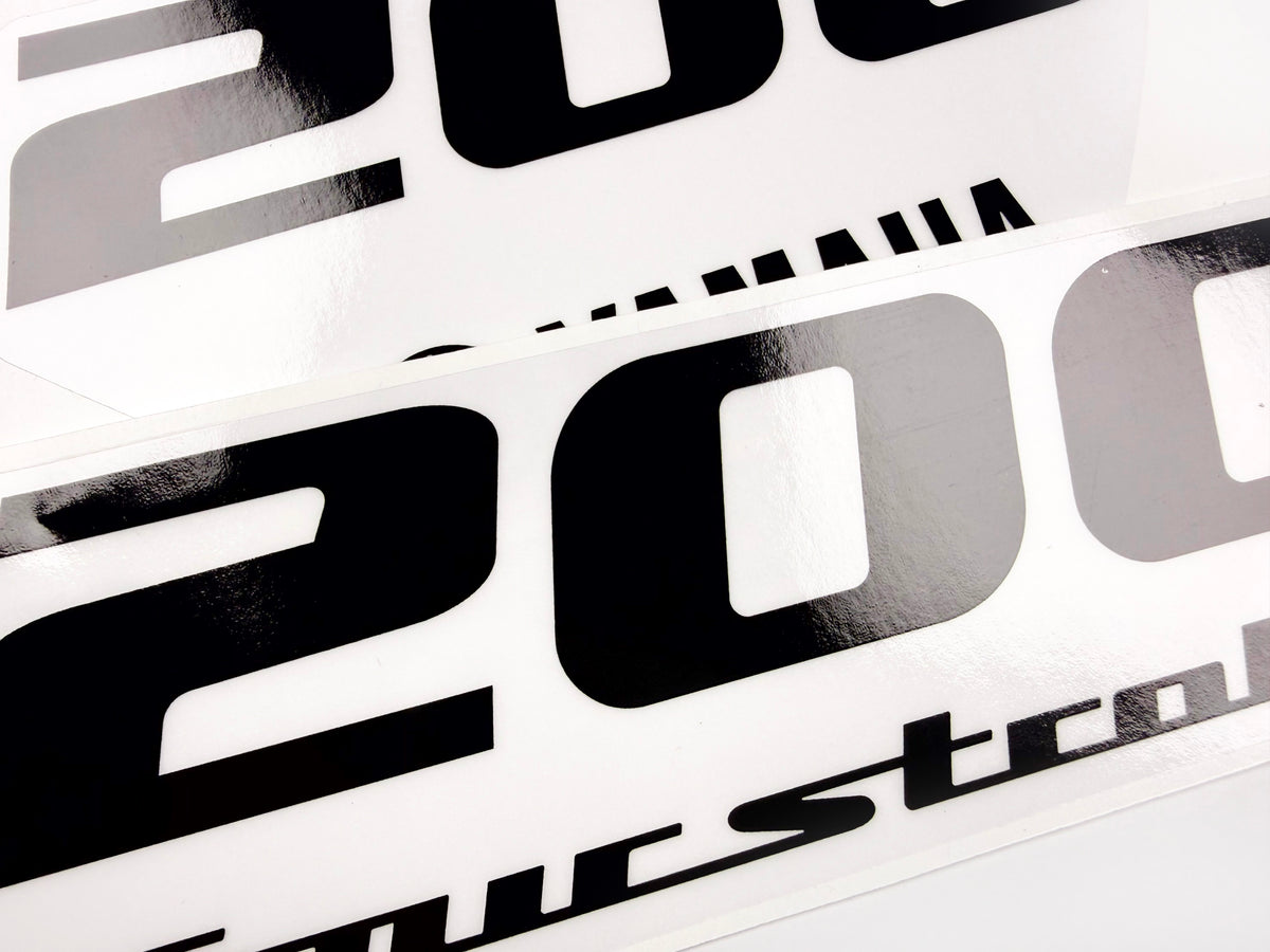 Vinyl black with clear film decals set suitable for Yamaha 200 hp four stroke outboard engine for white cover. Vinyl stickers kit for Yamaha 200 hp four stroke Handmade