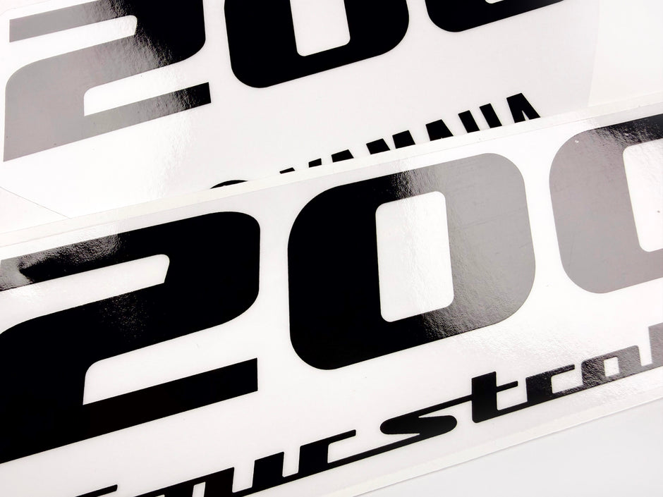 Vinyl black with clear film decals set suitable for Yamaha 200 hp four stroke outboard engine for white cover. Vinyl stickers kit for Yamaha 200 hp four stroke Handmade