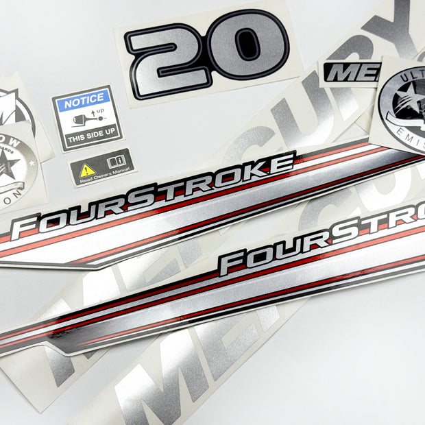 Vinyl graphic silver shimmer decals set suitable for Mercury 20 hp four stroke outboard engine. Vinyl silver shimmer stickers kit for Mercury 20 hp four stroke Handmade