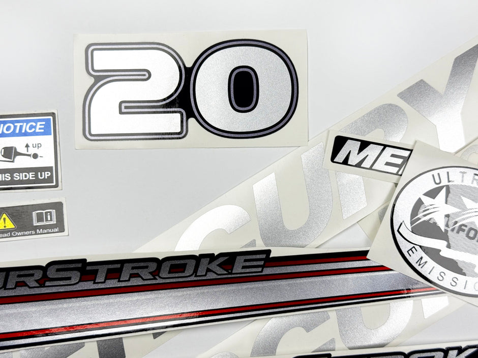 Vinyl graphic silver shimmer decals set suitable for Mercury 20 hp four stroke outboard engine. Vinyl silver shimmer stickers kit for Mercury 20 hp four stroke Handmade