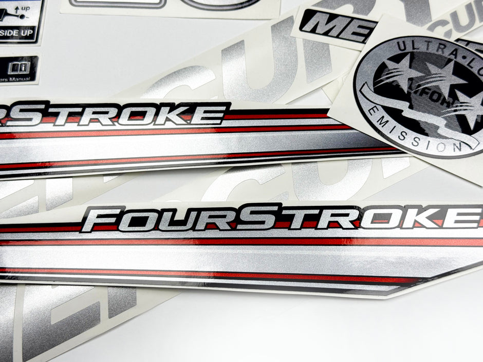 Vinyl graphic silver shimmer decals set suitable for Mercury 15 hp four stroke outboard engine. Vinyl silver shimmer stickers kit for Mercury 15 hp four stroke Handmade