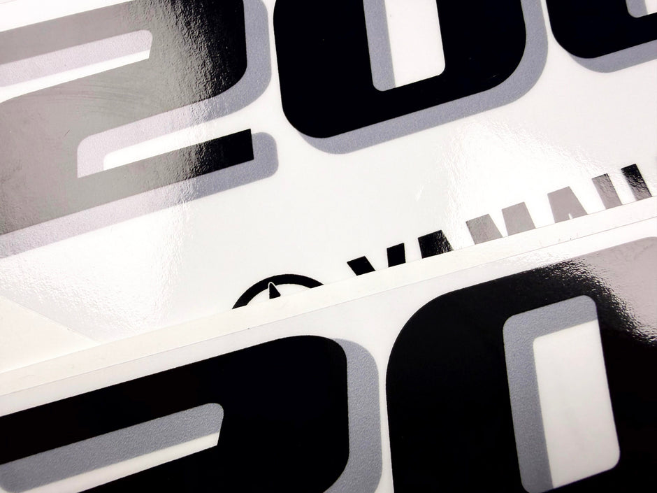 Vinyl black with clear film decals set suitable for Yamaha 200 hp four stroke outboard engine for white cover. Vinyl stickers kit for Yamaha 200 hp four stroke Handmade