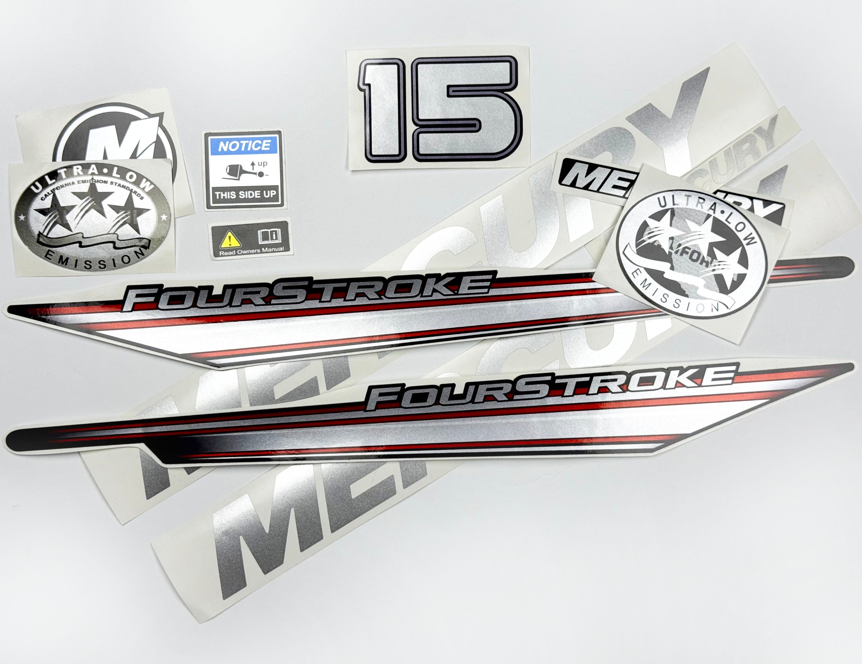 Vinyl graphic silver shimmer decals set suitable for Mercury 15 hp four stroke outboard engine. Vinyl silver shimmer stickers kit for Mercury 15 hp four stroke Handmade
