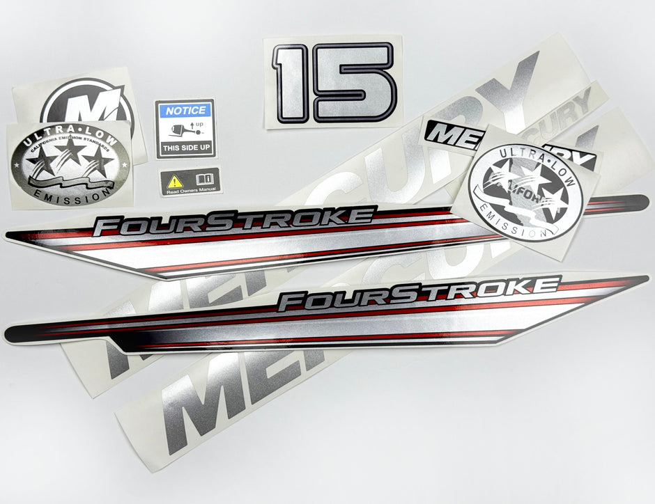 Vinyl graphic silver shimmer decals set suitable for Mercury 15 hp four stroke outboard engine. Vinyl silver shimmer stickers kit for Mercury 15 hp four stroke Handmade