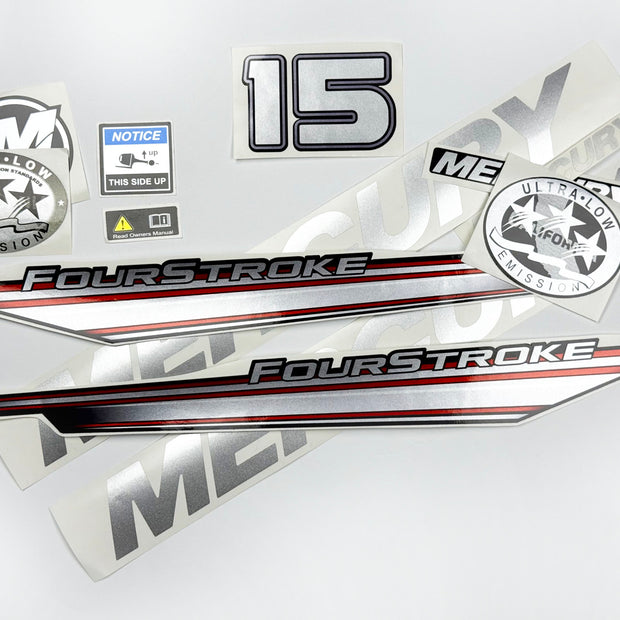 Vinyl graphic silver shimmer decals set suitable for Mercury 15 hp four stroke outboard engine. Vinyl silver shimmer stickers kit for Mercury 15 hp four stroke Handmade