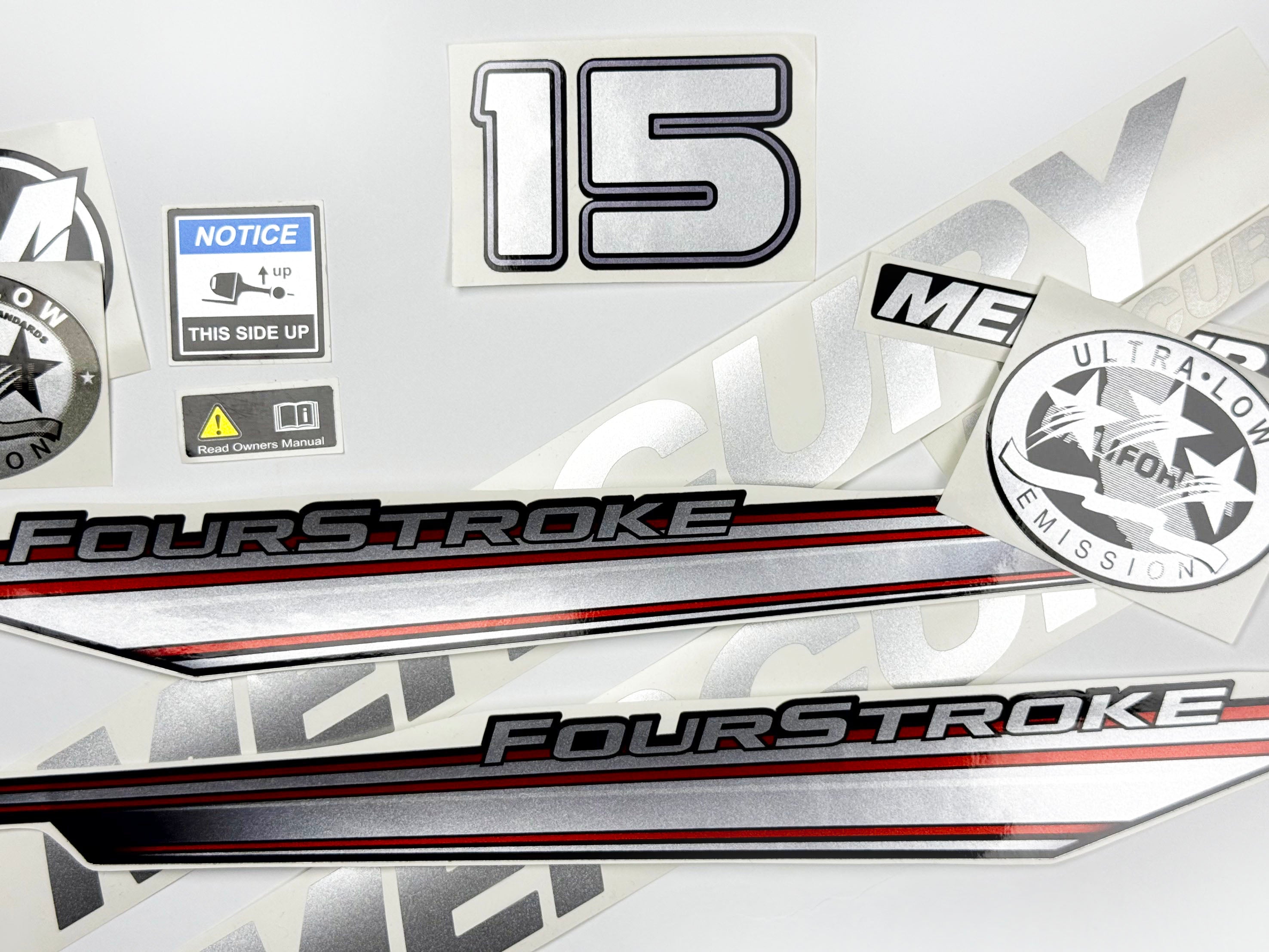 Vinyl graphic silver shimmer decals set suitable for Mercury 15 hp four stroke outboard engine. Vinyl silver shimmer stickers kit for Mercury 15 hp four stroke Handmade
