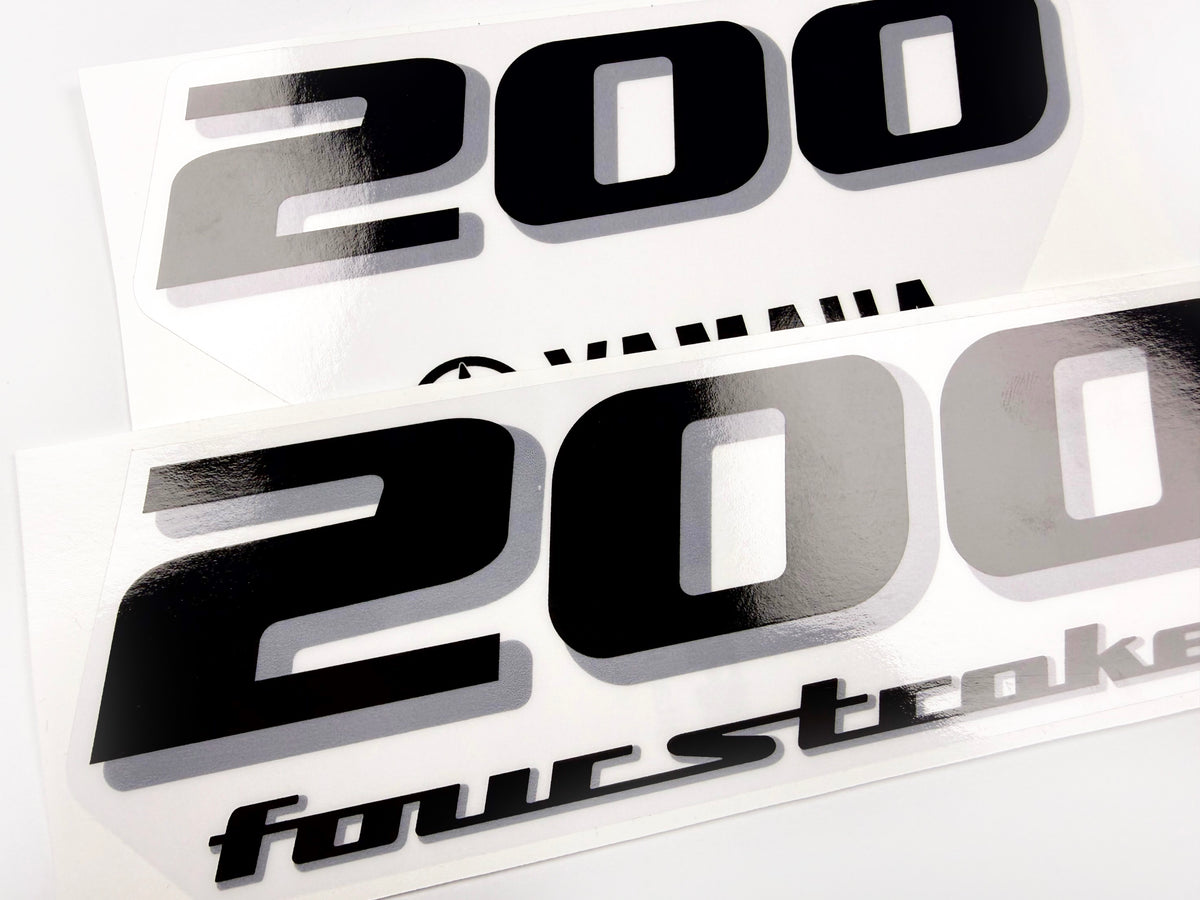 Vinyl black with clear film decals set suitable for Yamaha 200 hp four stroke outboard engine for white cover. Vinyl stickers kit for Yamaha 200 hp four stroke Handmade