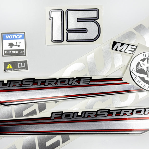 Vinyl graphic silver shimmer decals set suitable for Mercury 15 hp four stroke outboard engine. Vinyl silver shimmer stickers kit for Mercury 15 hp four stroke Handmade