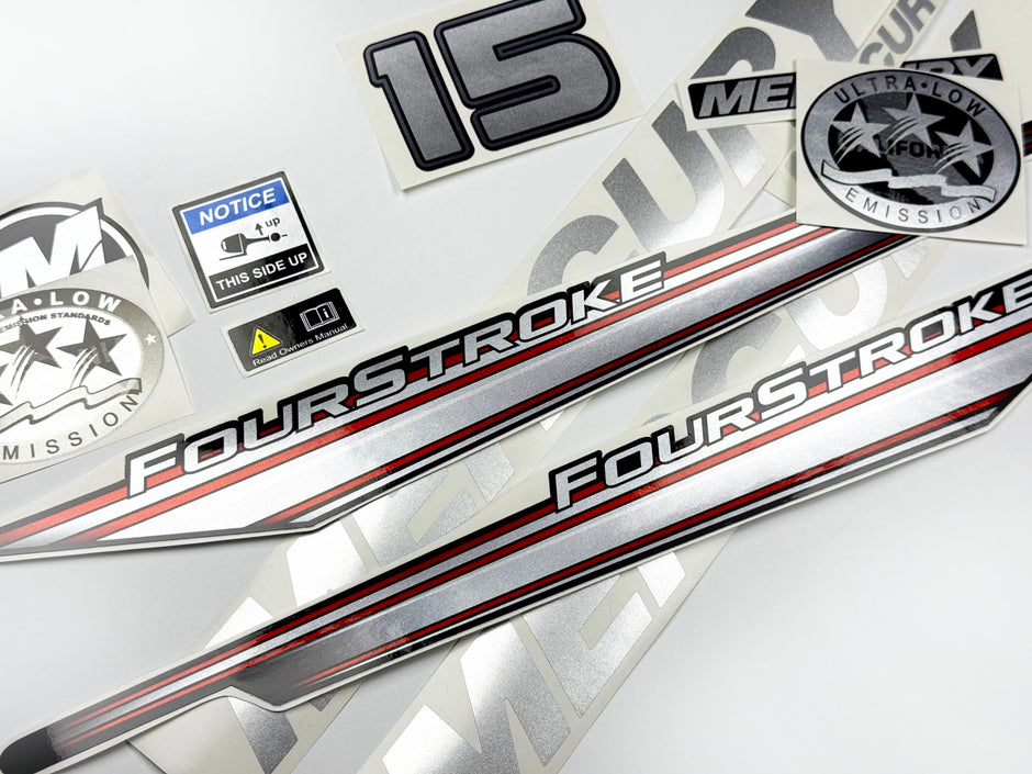 Vinyl graphic silver shimmer decals set suitable for Mercury 15 hp four stroke outboard engine. Vinyl silver shimmer stickers kit for Mercury 15 hp four stroke Handmade
