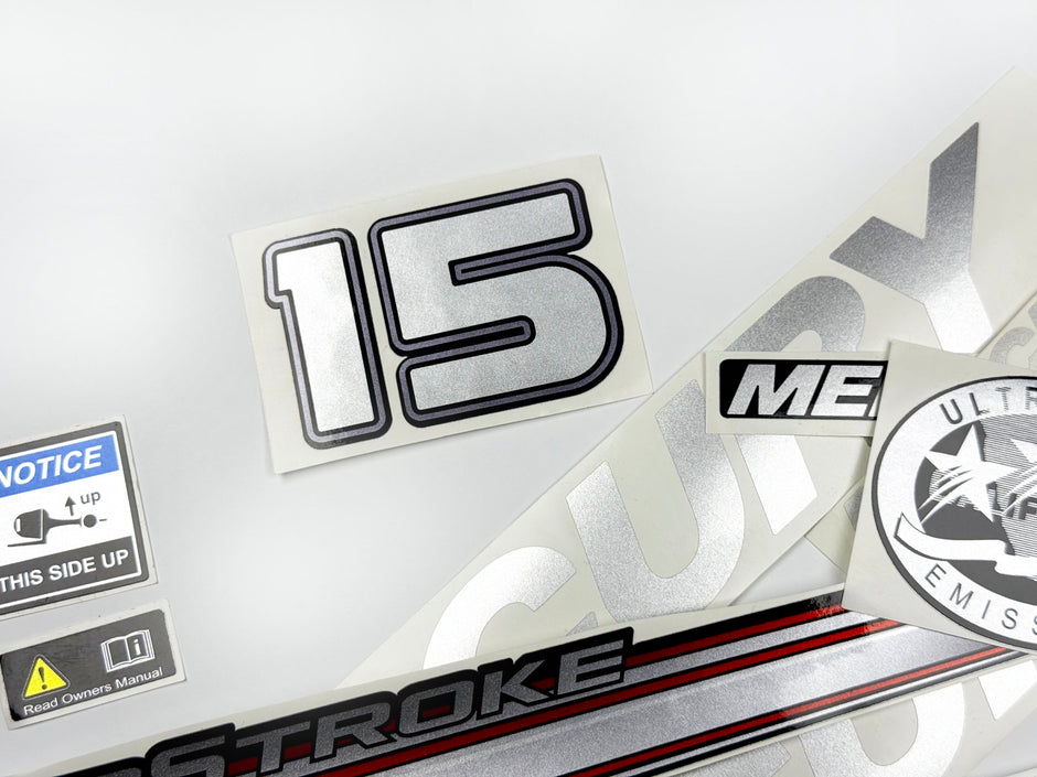 Vinyl graphic silver shimmer decals set suitable for Mercury 15 hp four stroke outboard engine. Vinyl silver shimmer stickers kit for Mercury 15 hp four stroke Handmade