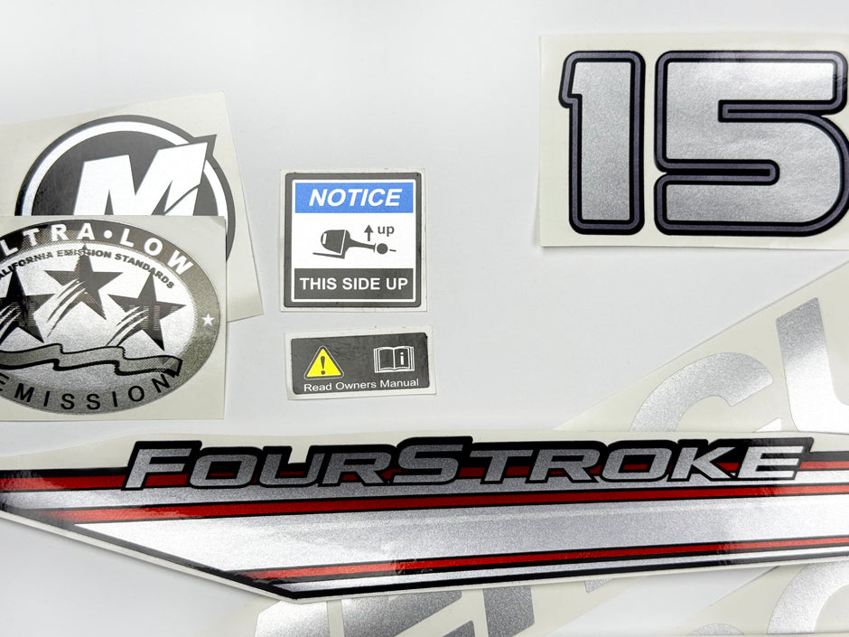 Vinyl graphic silver shimmer decals set suitable for Mercury 15 hp four stroke outboard engine. Vinyl silver shimmer stickers kit for Mercury 15 hp four stroke Handmade
