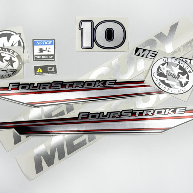 Vinyl graphic silver shimmer decals set suitable for Mercury 10 hp four stroke outboard engine. Vinyl silver shimmer stickers kit for Mercury 10 hp four stroke Handmade