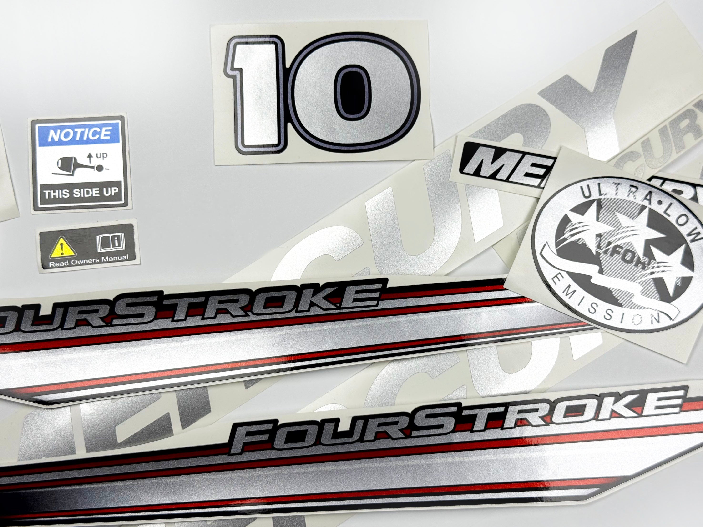 Vinyl graphic silver shimmer decals set suitable for Mercury 10 hp four stroke outboard engine. Vinyl silver shimmer stickers kit for Mercury 10 hp four stroke Handmade