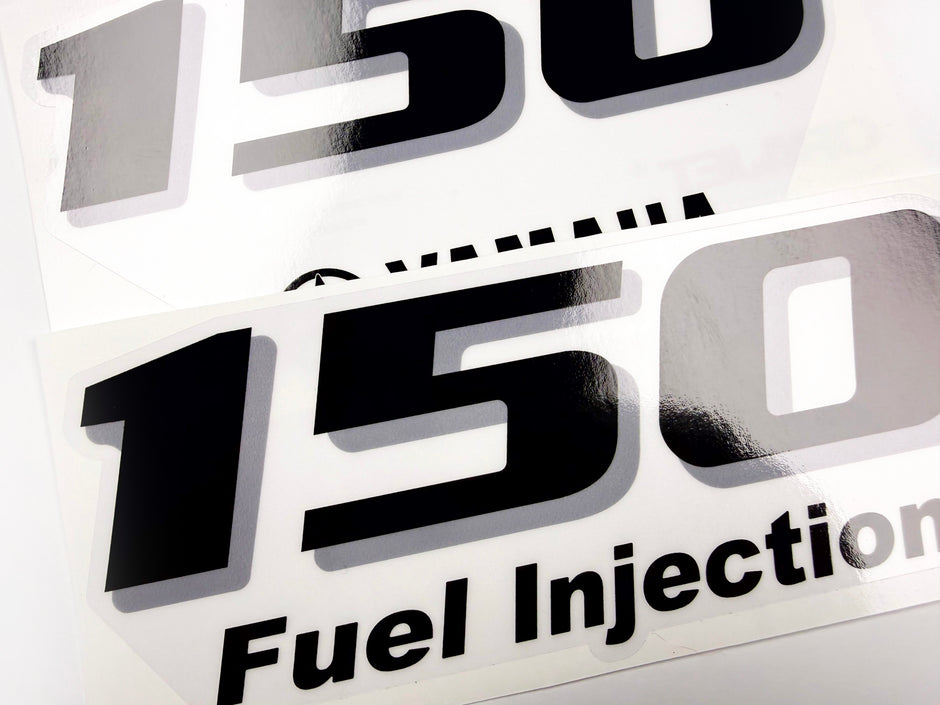 Vinyl black with clear film decals set suitable for Yamaha 150 hp four stroke outboard engine for white cover. Vinyl stickers kit for Yamaha 150 hp four stroke Handmade
