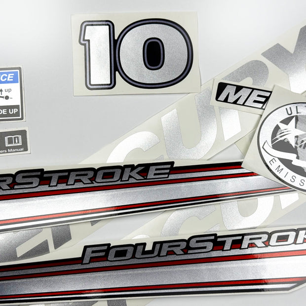 Vinyl graphic silver shimmer decals set suitable for Mercury 10 hp four stroke outboard engine. Vinyl silver shimmer stickers kit for Mercury 10 hp four stroke Handmade